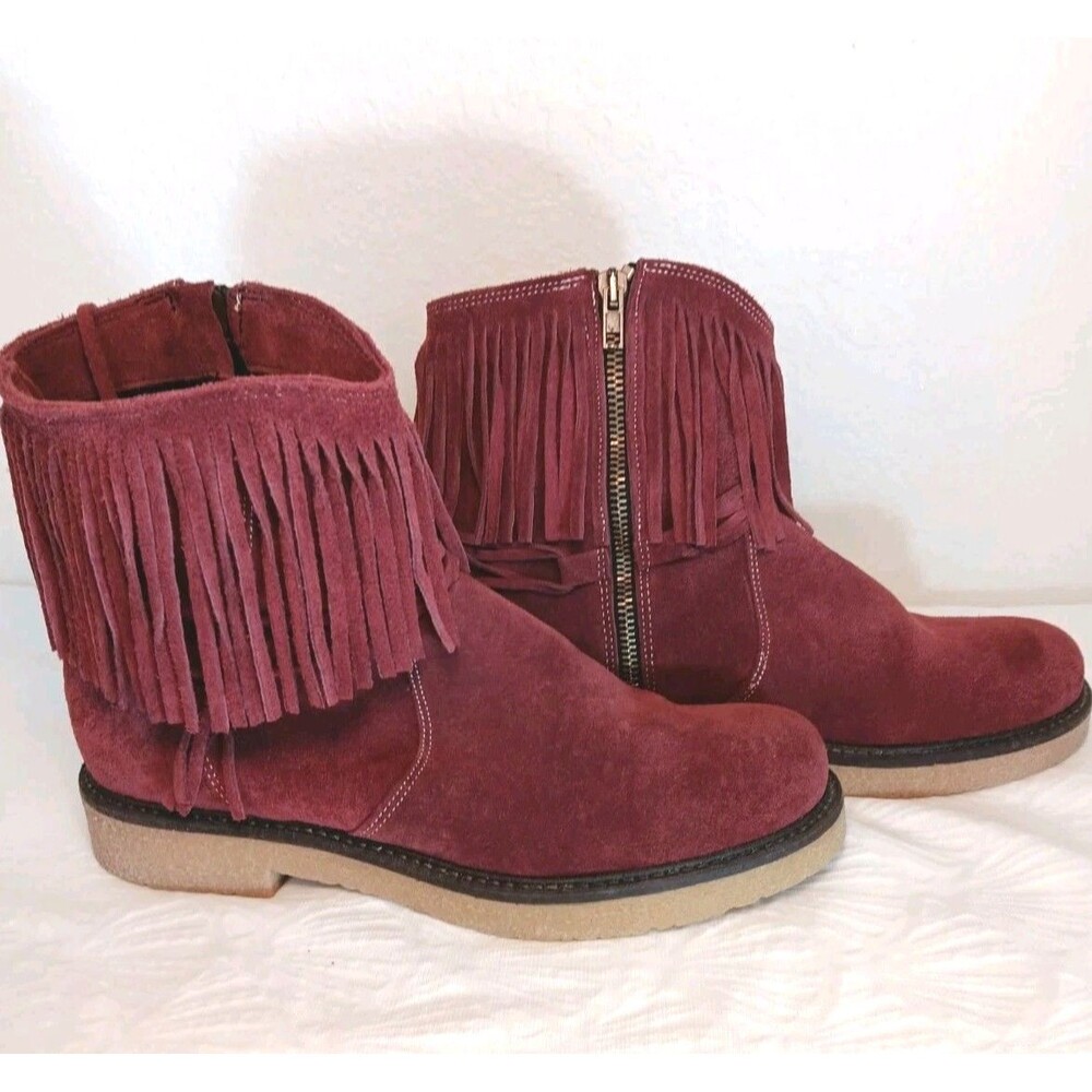 Sundance Dylan Burgundy Suede Fringe Ankle Boots Women's Sz 8-8.5 Western Style